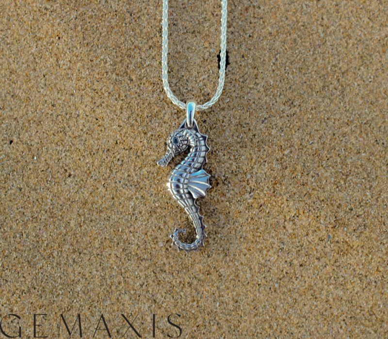 Silver Seahorse Pendant with Blue Diamonds - Image 2