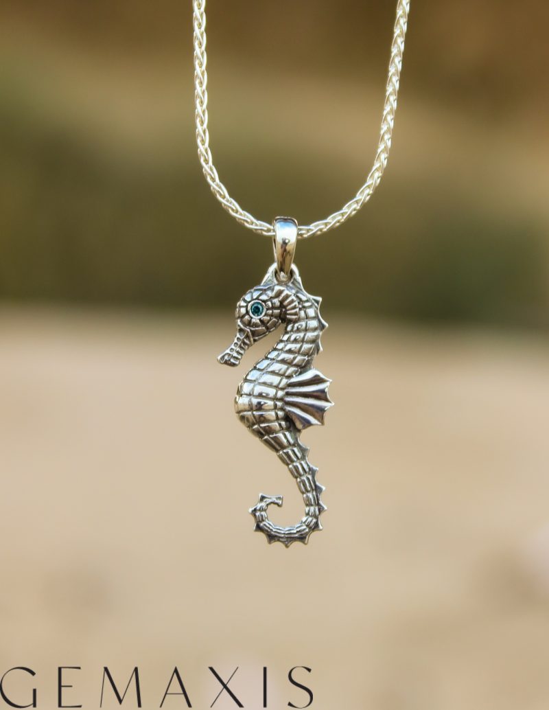 Silver Seahorse Pendant with Blue Diamonds