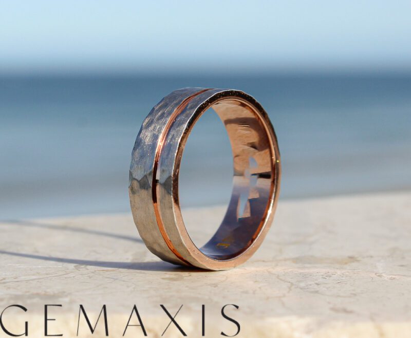Mens Hammered White and Rose Gold Wedding Ring - Image 6