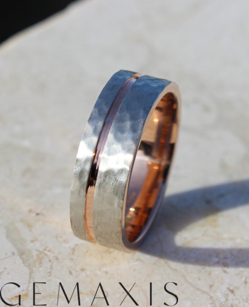 Mens Hammered White and Rose Gold Wedding Ring - Image 7