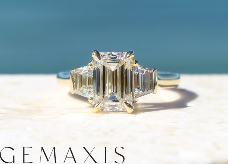 Yellow Gold Emerald Cut Diamond and Trapezoid Trilogy Engagement Ring - Image 3