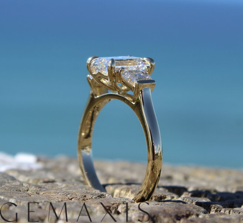 Yellow Gold Emerald Cut Diamond and Trapezoid Trilogy Engagement Ring - Image 5