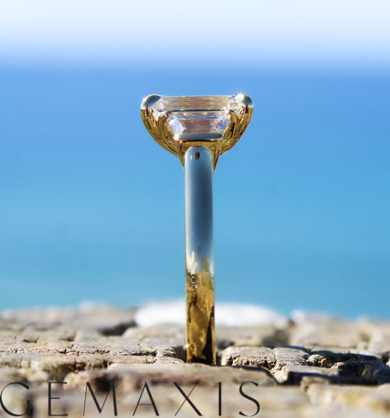 Yellow Gold Emerald Cut Diamond and Trapezoid Trilogy Engagement Ring - Image 4