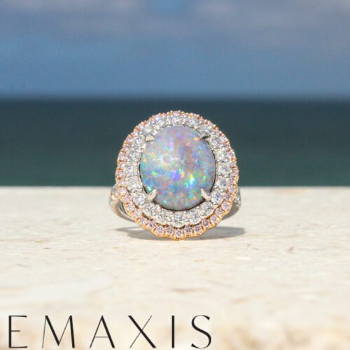 White Gold Black Lightning Ridge Opal and Argyle Pink Diamond Halo Ring