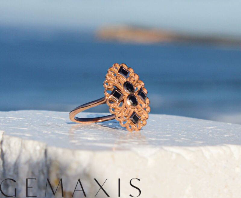 Rose Gold Black Diamond Art Deco Dress Ring - Image 4