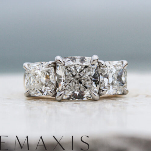 Yellow Gold Cushion Cut Diamond Trilogy Engagement Ring