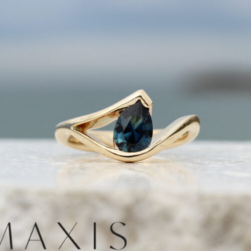 Yellow Gold Pear Shaped Teal Sapphire Dress Ring