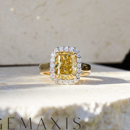 Yellow and White Gold Elongated Cushion Cut Yellow Diamond Ring